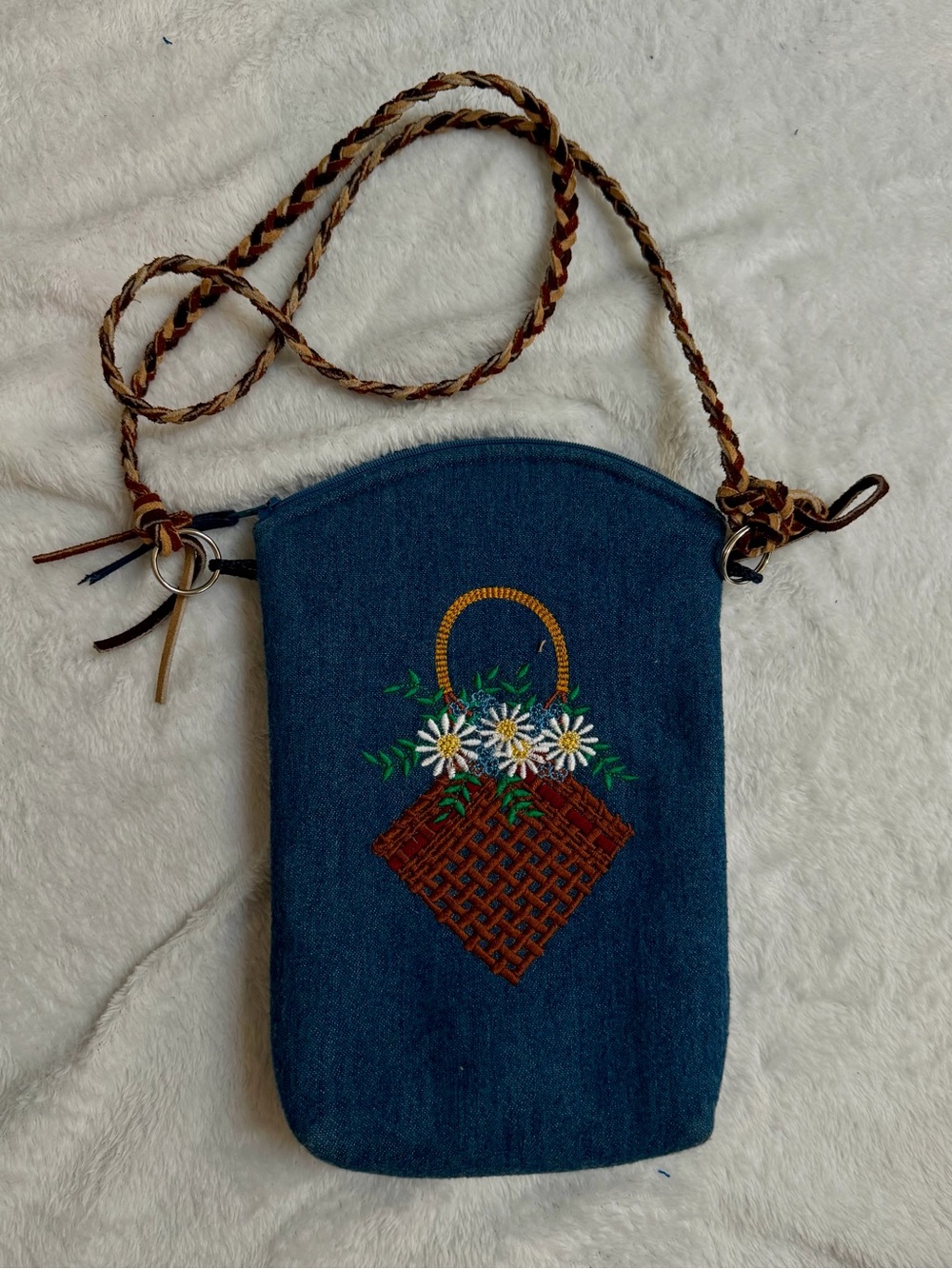 Vintage Handmade Denim Embroidered Basket Floral Crossbody Bag
